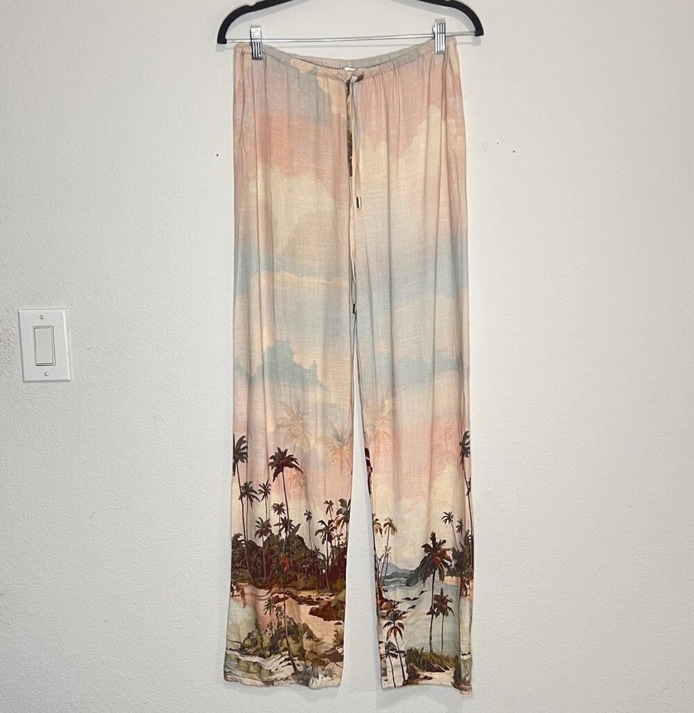 Label of Love Linen Blend Pants Size M Tropical Wide Leg Vacation Pastel Pull On - Picture 1 of 10